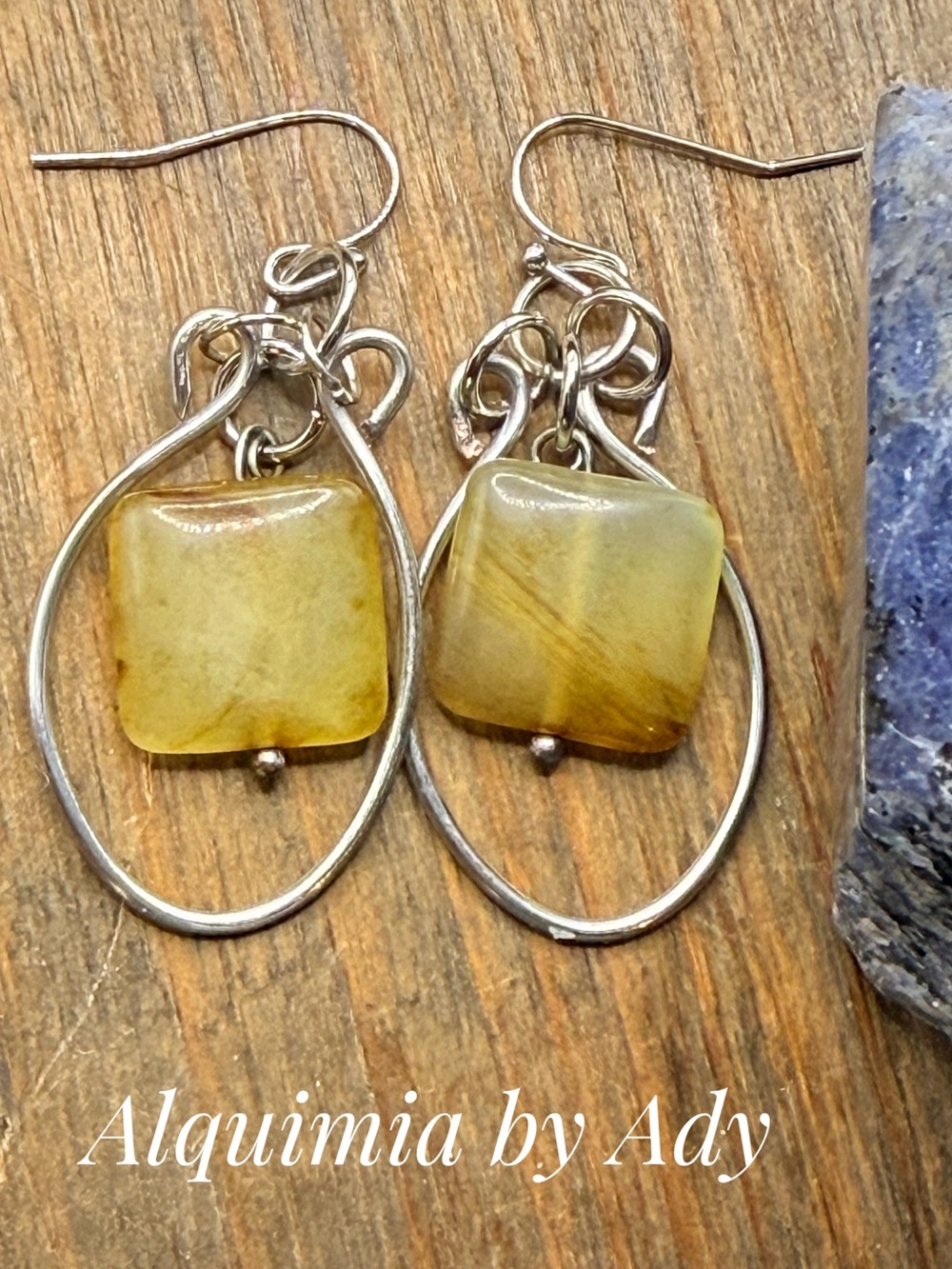 Alquimia Yellow-Green Square Glass Drop Earrings with Silver Hoops